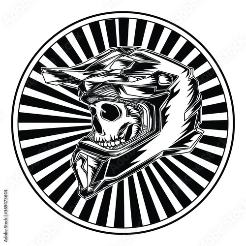 tattoo and t-shirt design black and white hand drawn skull with motocross helmet premium vector