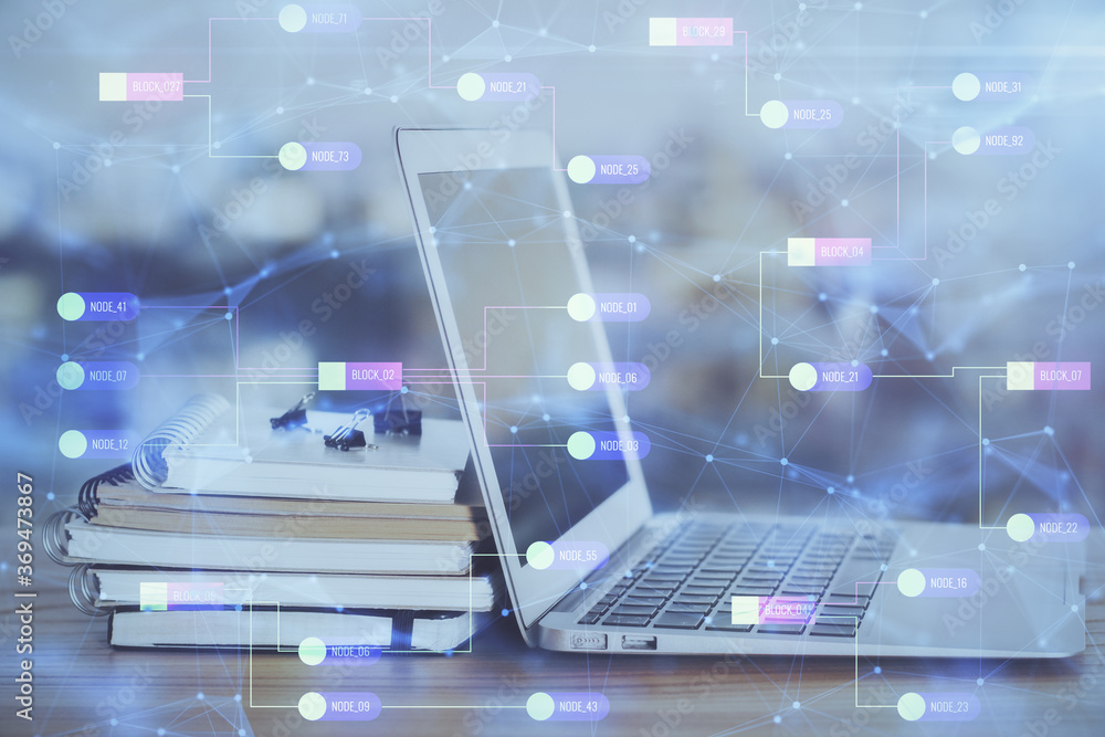 Naklejka premium Double exposure of computer and technology theme hud. Concept of innovation.