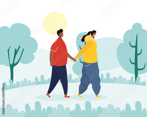 interracial young couple wearing medical masks walking characters