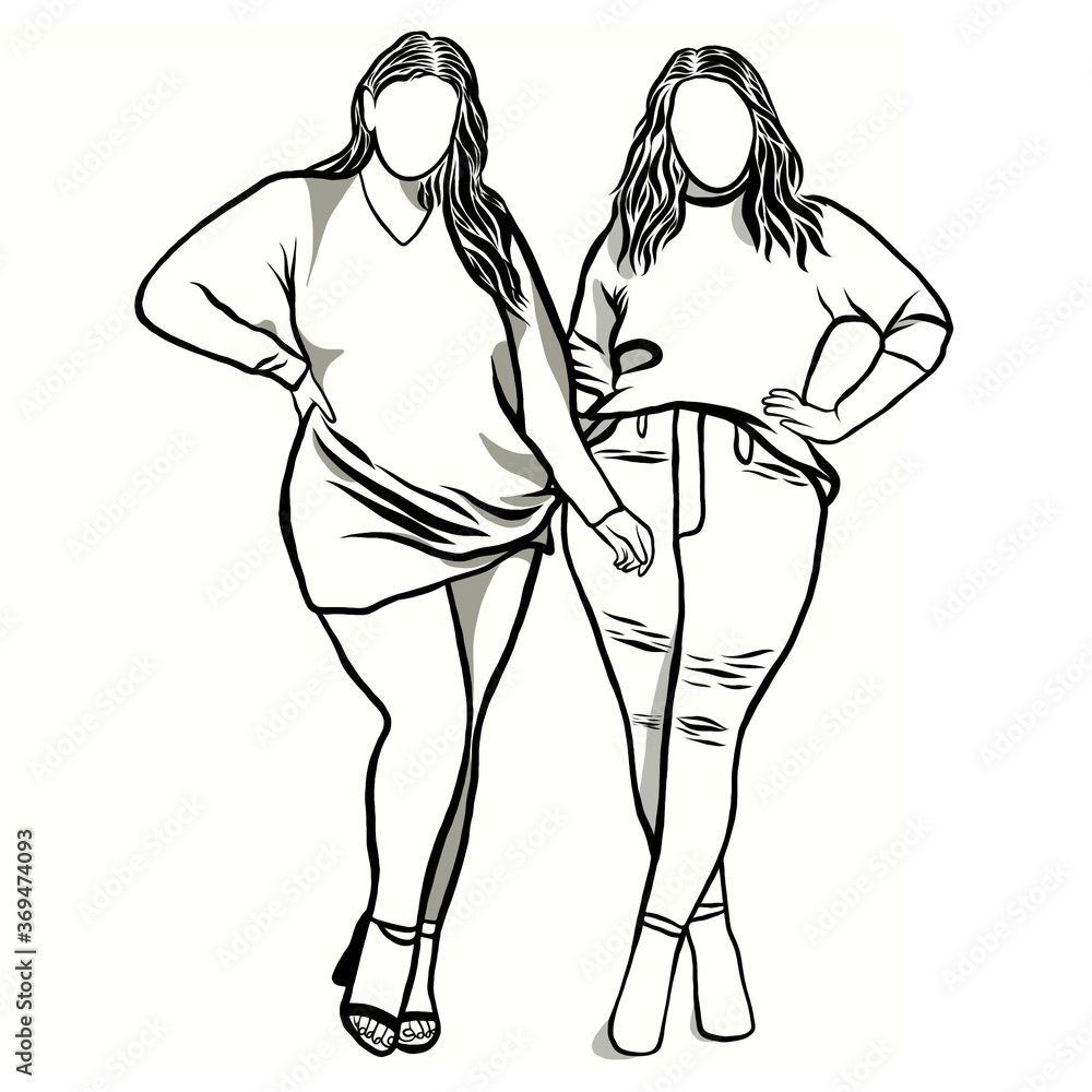 Body positive  plus  obese women on over white   drawing of cartoon character with illustration in flat  design. Stock Illustration | Adobe Stock