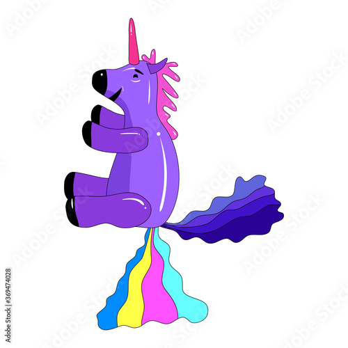 Unicorn pooping a rainbow, fantasy cute character beast multicolored shit turd. Vector illustration isolated cartoon style