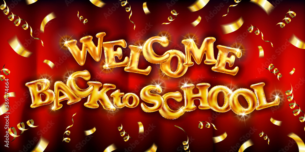 gold Welcome back to school red background golden flying balloons and confetti. elegant design - vector illustration of gold logo - perfect typography