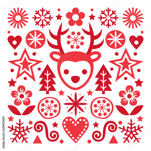 Christmas Scandinavian folk art vector red greeting card design, cute festive pattern with reindeer, snowflakes, hearts, stars, Christmas trees and flowers
