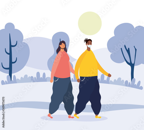 interracial young couple wearing medical masks walking characters