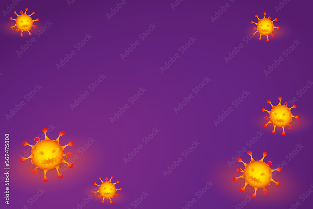 Orange Viren mit bösem Gesicht auf violettem Hintergrund und mit freier Textfläche. Orange Viren mit bösem Gesicht auf violettem Hintergrund und mit freier Textfläche.