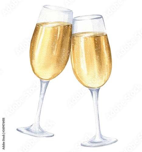 Hand drawn watercolor two glasses of champagne isolated on white back. Drink illustration.