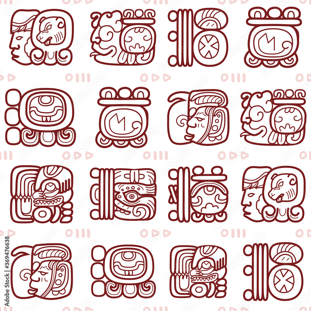 Maya glyphs, Mayan writing system vector seamless pattern tribal art