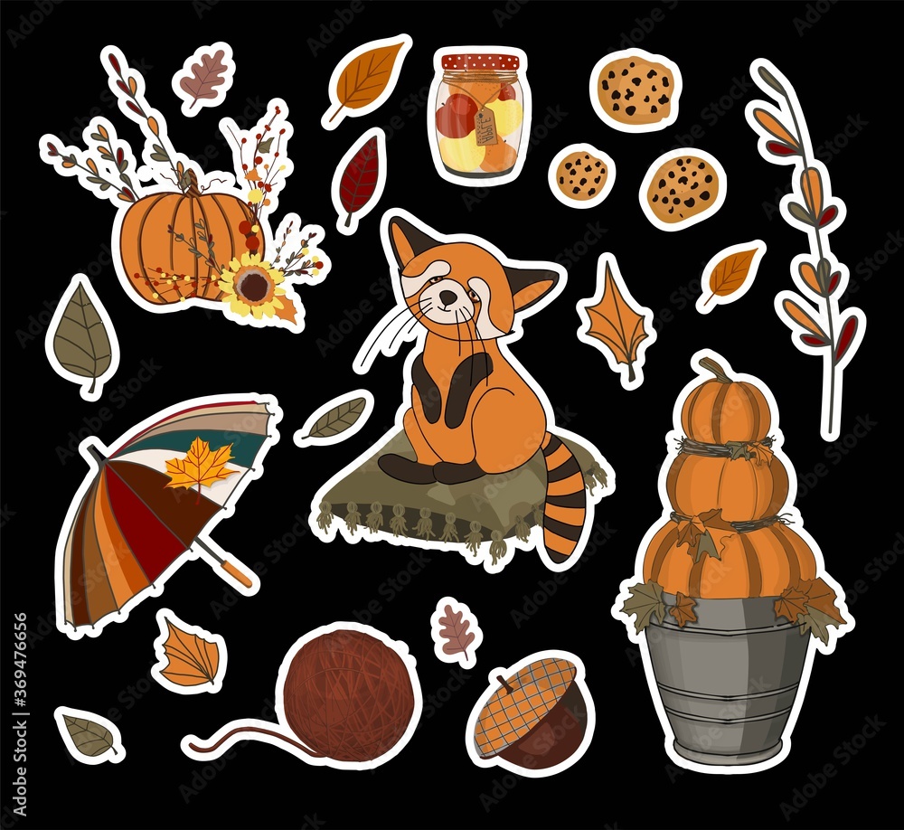 Obraz premium Vector autumn set of stickers. Umbrella and falling leaves. Autumn leaves. Children's print for textiles and clothing. Product design.