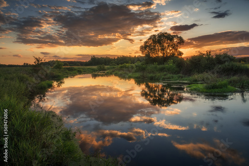 Sunset over the Liwiec river near Siedlce, Masovia, Poland