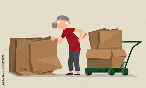 Vector illustration of an old woman working as waste picker in Hong Kong
