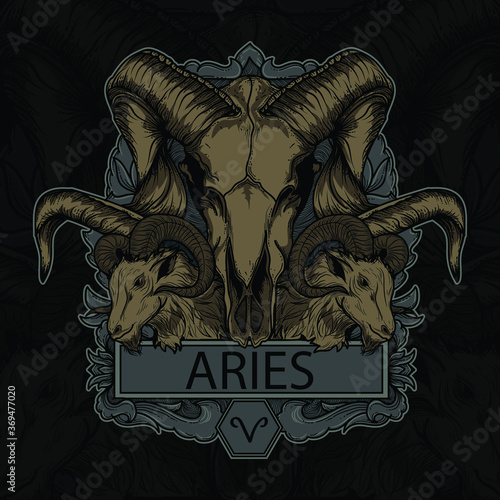 artwork illustration and t-shirt design aries skull zodiac premium vector