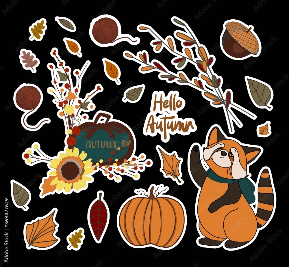 Vector autumn set of stickers. PUMPKINS AND BRANCHES. Autumn leaves. Children's print for textiles and clothing. Product design