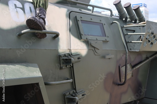 Obraz na plátne military black boot of soldier on paratrooper vehicle