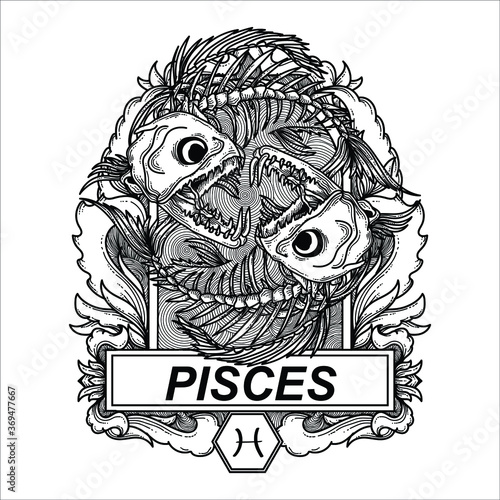 tattoo and t-shirt design black and white hand drawn pisces skull zodiac engraving ornament premium vector