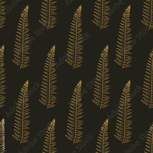 Tropical vector fern leaves seamless pattern black background. Exotic wallpaper. Modern trendy print. Gold leaves
