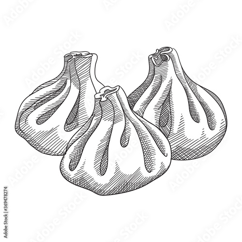 Hand drawn vector sketch of khinkalis. Meat dumplings. National Traditional dish of Georgian cuisine