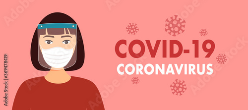 Chinese woman with face mask and a plastic medical face shield. Close up shot Asian lady wearing virus protection equipment. COVID-19 Coronavirus epidemic outbreak concept.