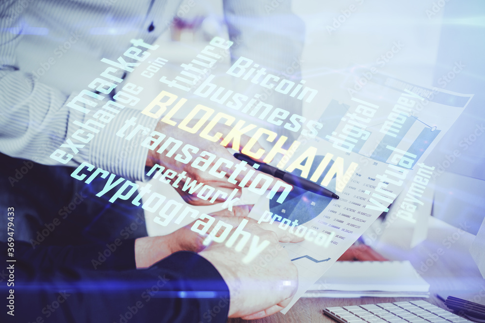 Fototapeta premium Businessman with hands background. Crypto currency concept.