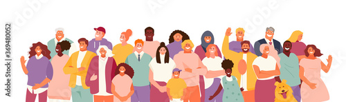 People crowd of different age and appearance. Multinational group. Men and women, children and the elderly