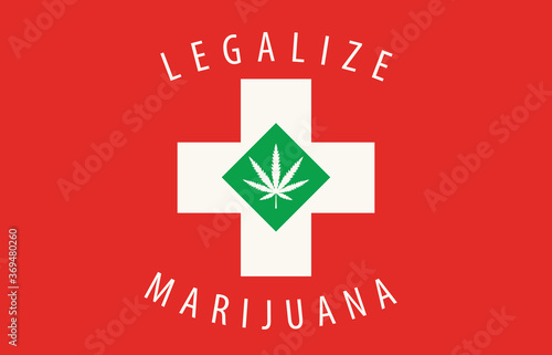 Banner in the form of the Swiss flag with a hemp leaf. The concept of legalizing marijuana, cannabis in Switzerland. Legalization of cannabis for medical use.