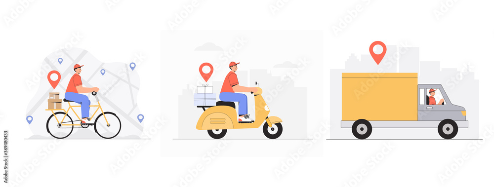 Fototapeta premium Online delivery service concept, delivery man, courier riding bike, scooter, car, bicycle. Flat style vector illustration.