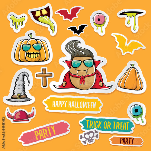 Vector halloween sticker icons set with dracula, witch hat, scary pumpkin, bat , skull, happy halloween text, demon and zombie eyes, wooden cemetry cross, monsters isolated on orange background.