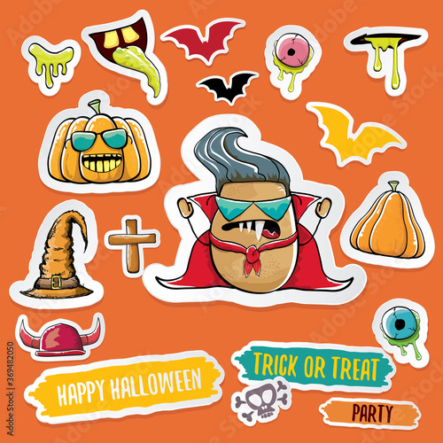 Vector halloween sticker icons set with dracula, witch hat, scary pumpkin, bat , skull, happy halloween text, demon and zombie eyes, wooden cemetry cross, monsters isolated on orange background.