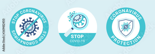 COVID-19 labels in green color. Coronavirus icon with prohibit signs. Protection from virus, search and stop infection