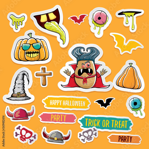 Vector halloween sticker icons set with dracula, witch hat, scary pumpkin, bat , skull, happy halloween text, demon and zombie eyes, wooden cemetry cross, monsters isolated on orange background.