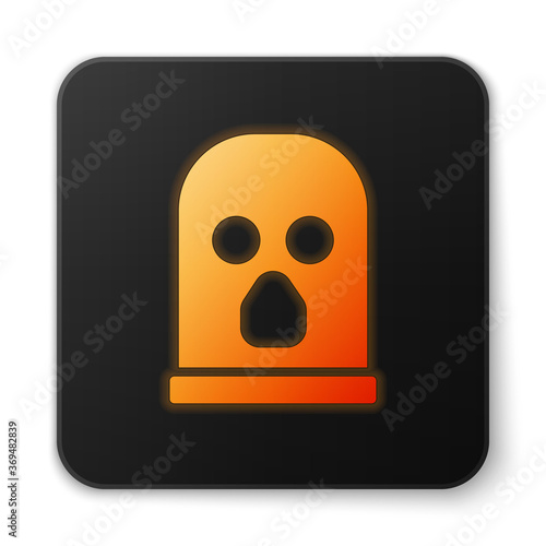 Orange glowing neon Balaclava icon isolated on white background. A piece of clothing for winter sports or a mask for a criminal or a thief. Black square button. Vector.