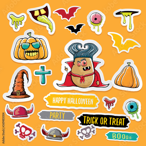 Vector halloween sticker icons set with dracula, witch hat, scary pumpkin, bat , skull, happy halloween text, demon and zombie eyes, wooden cemetry cross, monsters isolated on orange background.