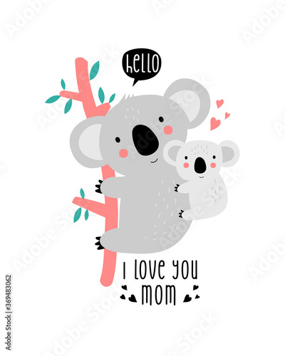 Cute mom and baby sloth print design with slogan. Vector illustration design for fashion fabrics, textile graphics, prints.