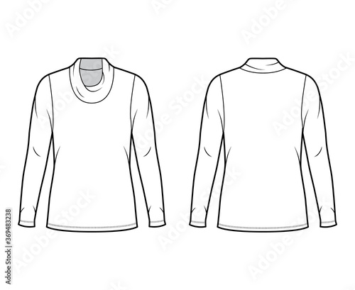 Cowl turtleneck jersey sweater technical fashion illustration with long sleeves, oversized, tunic length. Flat outwear apparel template front back white color. Women men unisex shirt top CAD mockup