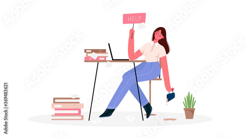Emotional burnout woman,tired of the huge amount of work, sitting at her working place with laptop in office and holds the sign Help. Deadline,stress, depression at work.Hard work.Vector illustration.