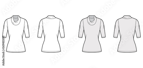 Cowl turtleneck jersey sweater technical fashion illustration with elbow sleeves, close shape, tunic length. Flat outwear apparel template front, back white grey color. Women men unisex top CAD mockup