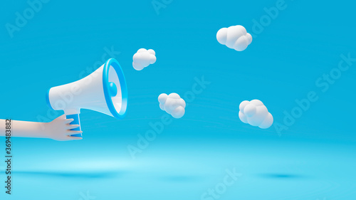 hand holding blue Megaphone with speech bubble, 3d rendering on blue background photo