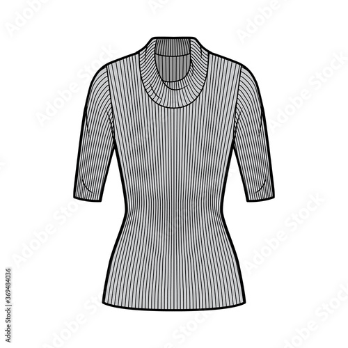 Ribbed cowl turtleneck knit sweater technical fashion illustration with elbow sleeves, close-fitting shape, tunic length. Flat sweater apparel template front, grey color. Women men unisex top CAD