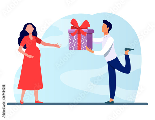 Man giving gift to his pregnant wife. Expecting couple, parents, present for baby flat vector illustration. Family, pregnancy, love concept for banner, website design or landing web page