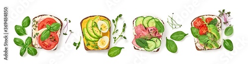 Open sandwiches with vegetables, avocado, tomato, mozzarella, boiled egg and soft cheese. Homemade sandwich collection with ham, cucumber, radish sprouts, herbs isolated on white, top view
