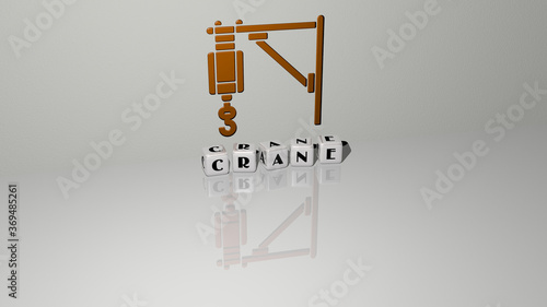 3D representation of crane with icon on the wall and text arranged by metallic cubic letters on a mirror floor for concept meaning and slideshow presentation. construction and building photo