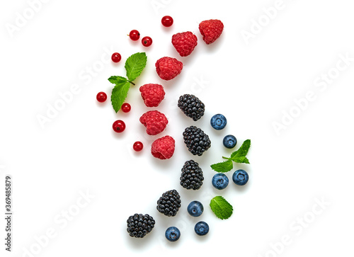 Blueberry, raspberry, blackberry, redcurrant isolated on white. Fresh blueberry, berries mix closeup. Red raspberry, mint creative composition. Colorful trendy concept, top view.