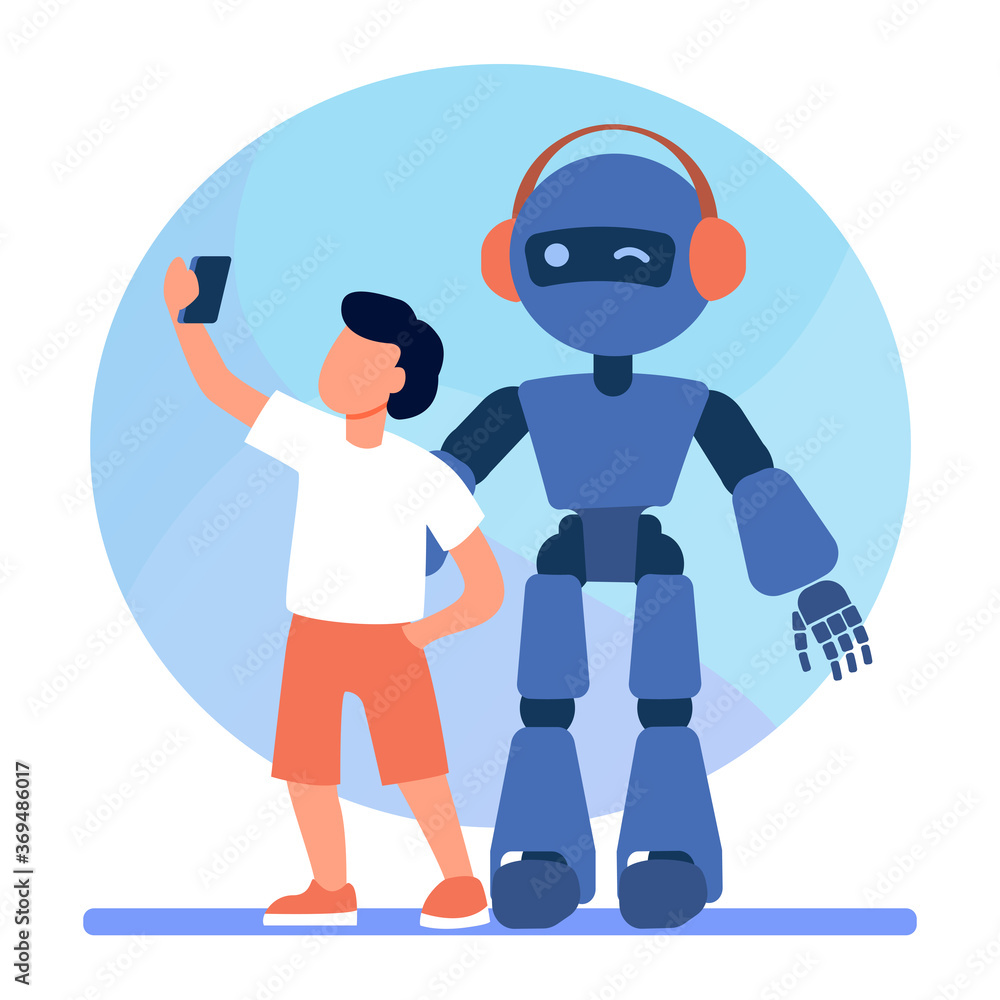 Boy taking selfie with humanoid. Child with cyborg, kid with robot flat vector illustration. Robotics, engineering, childhood concept for banner, website design or landing web page