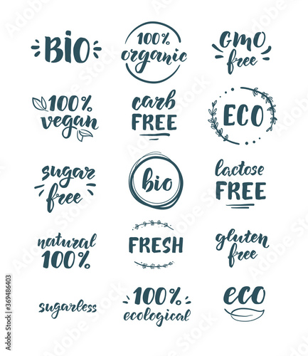 Eco, bio and organic products. Sagar, GMO, gluten and lactose free. Handwritten lettering. A set of stamps or stickers for packaging. © Kyrylenko