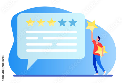 Online customer feedback. Man applying rate stars to chat bubble flat vector illustration. Marketing, satisfaction, evaluation concept for banner, website design or landing web page