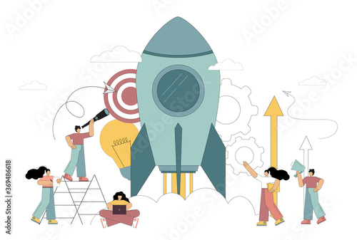 People are starting a new business. Startup. Launching a rocket into space. Vector illustration on white background