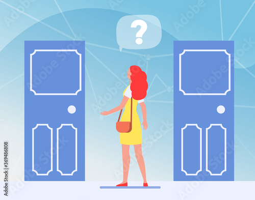 Two entrance choice. Woman with question mark choosing between two doors flat vector illustration. Solution, opportunities, dilemma concept for banner, website design or landing web page