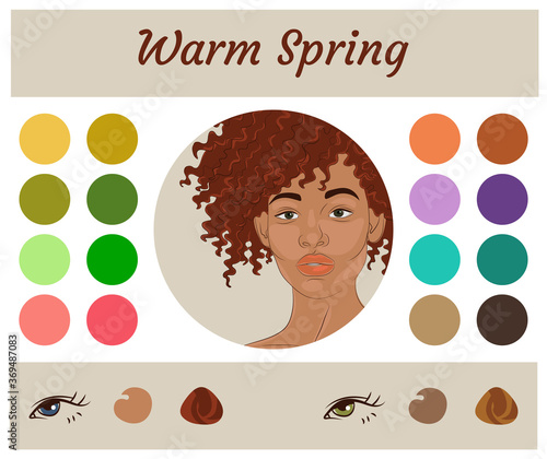 Stock vector seasonal color analysis palette for warm spring. Best colors for warm spring type of female appearance. Face of young african american woman