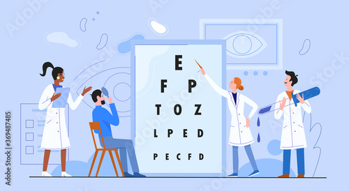 Ophthalmology medicine concept flat vector illustration. Cartoon woman man doctor ophthalmologist characters checking, testing patient vision sight, medical checkup in hospital, healthcare background