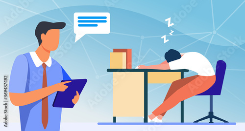 Manager with tablet reporting about sleepy colleague. Tired employee sleeping at workplace flat vector illustration. Lazy worker, office informer concept for banner, website design or landing web page