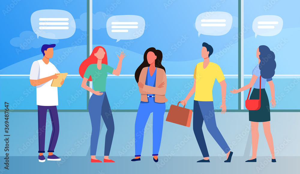 Obraz premium Group of people standing and talking in public place. Panoramic window, speech bubbles, airport flat vector illustration. Communication, travel concept for banner, website design or landing web page
